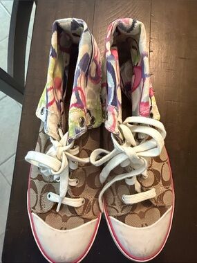 Coach Tan Signature Canvas High-Tops with Floral Accent